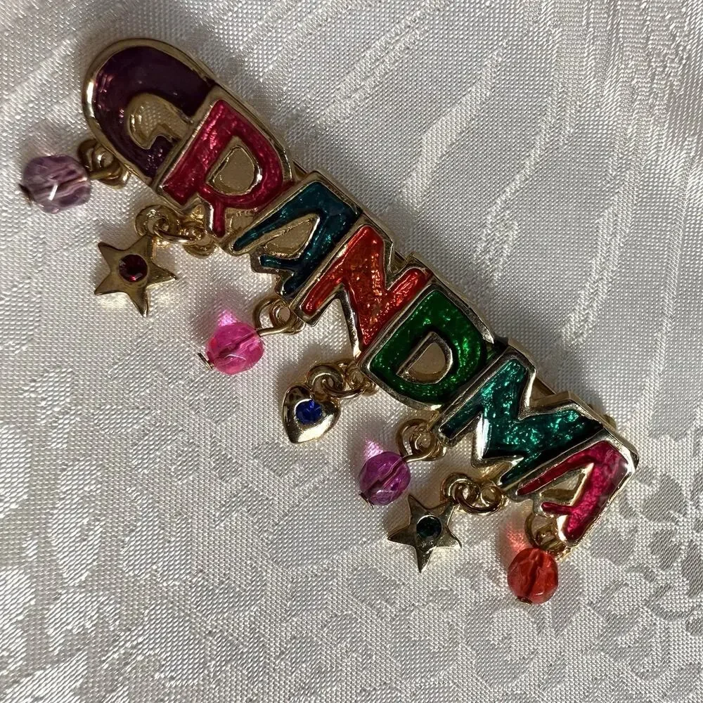 Vintage Gold Tone Enamel Grandma Brooch Star Charms Dangle Beads 2 Inches